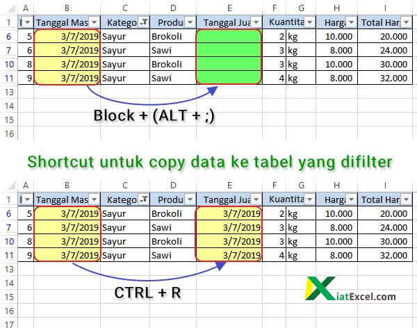 shortcut untuk copy data ke tabel yang difilter